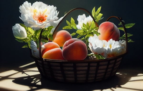 Спелые сладкие персики в корзине с цветами