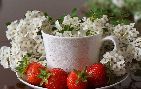 Клубника на тарелке с чашкой и белыми цветами