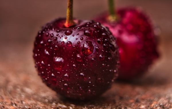 Две красные ягоды черешни в каплях воды