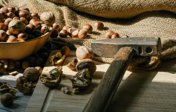 Грецкие орехи и фундук на столе с молотком