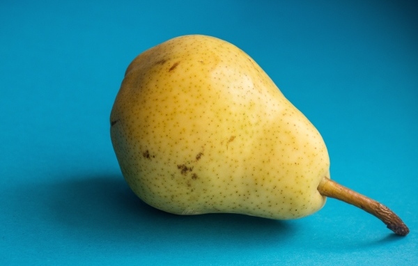 Желтая груша на голубом фоне