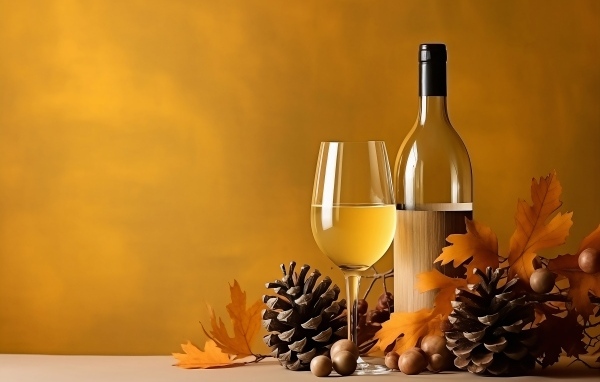 Бутылка вина и бокал на столе с шишками и желудями