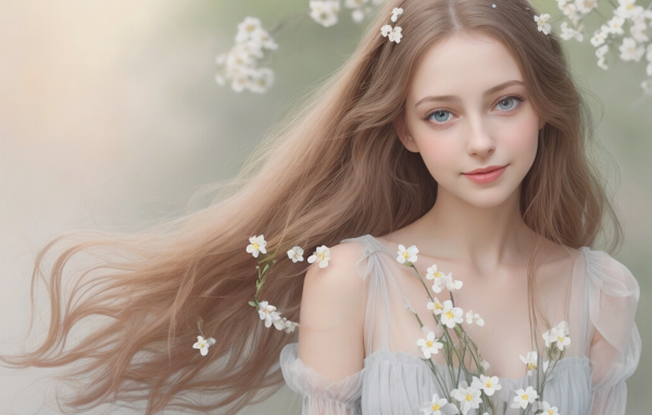Красивая голубоглазая длинноволосая девушка в белых цветах
