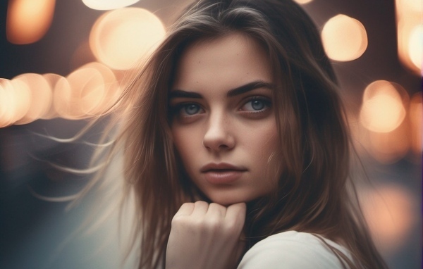 Красивая молодая голубоглазая девушка в свете фонарей