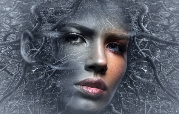 Лицо девушки в ветках дерева