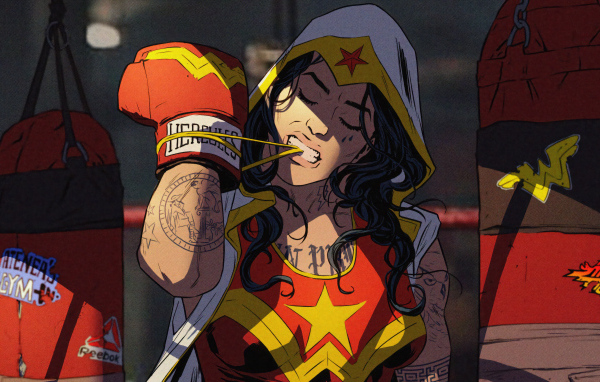 Девушка супергерой в боксерских перчатках