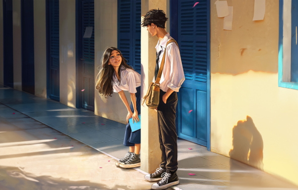 Влюбленная пара студентов к коридоре