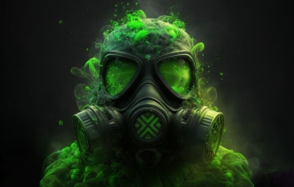 Мужчина в противогазе с зеленым ядовитым дымом