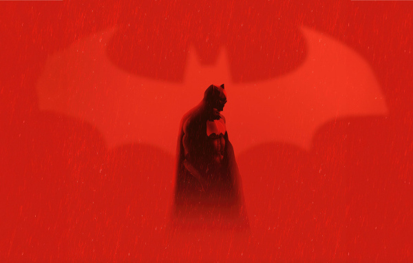 Бэтмен под дождем на красном фоне