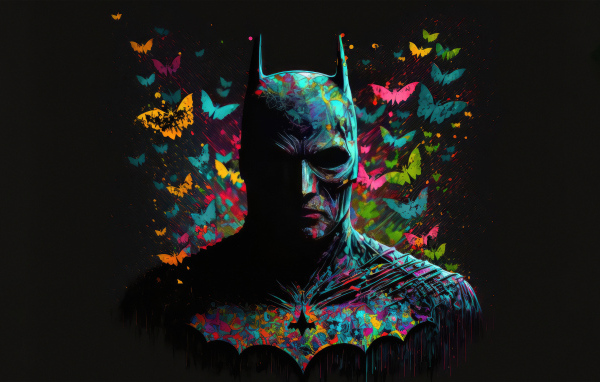 Бэтмен с неоновыми бабочками на черном фоне