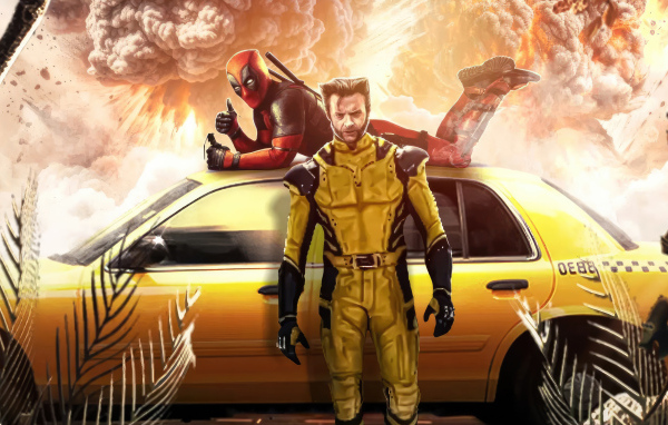 Супергерои Дэдпул и Росомаха с машиной такси