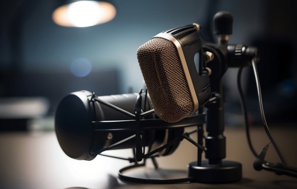 Студийный микрофон стоит на столе