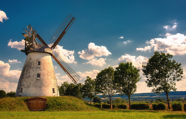 Старая мельница с зелеными деревьями