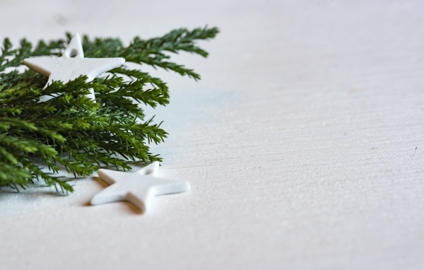 Звезды и ветка ели на белой поверхности 