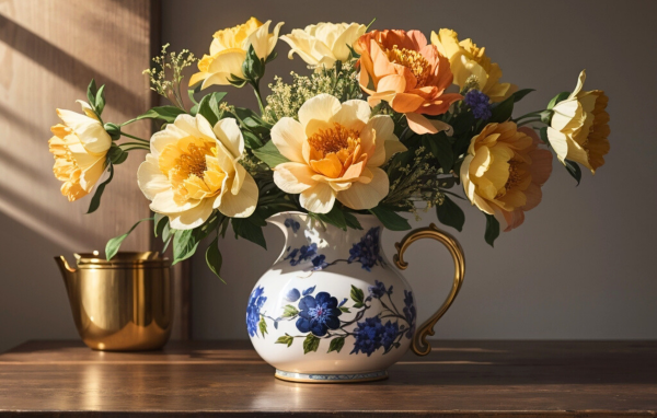 Букет красивых оранжевых цветов в кувшине на столе