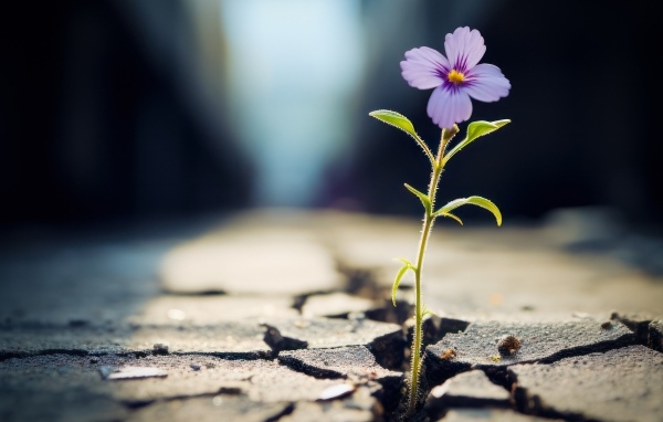 Маленький сиреневый цветок пробивается из сухой земли