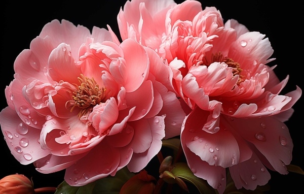 Красивые розовые пионы в каплях воды