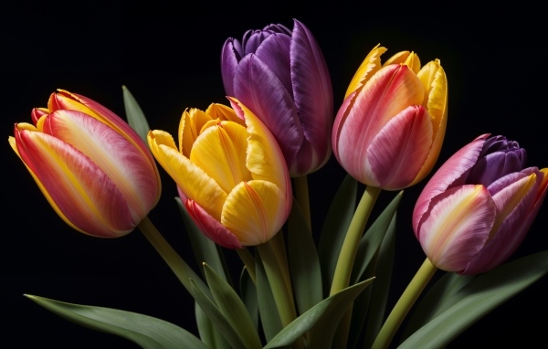 Букет разноцветных тюльпанов на черном фоне