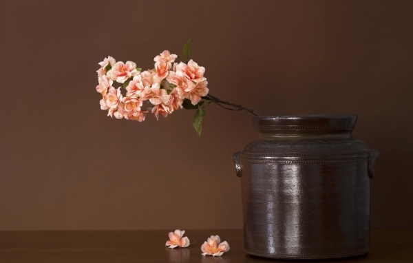 Ветка с розовыми цветами в вазе на столе