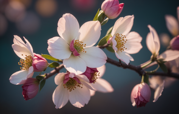 Розовые цветы на ветке в лучах весеннего солнца