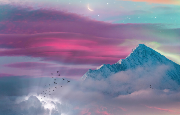 Птицы летят к заснеженной вершине горы
