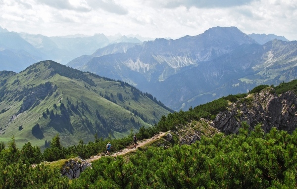Вид на высокие покрытые зеленью горы под белыми облаками