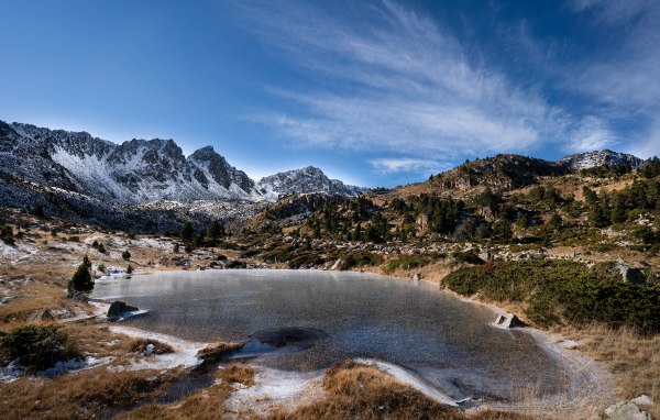 Заледеневшее маленькое озеро в горах