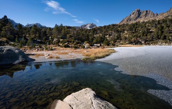 Покрытое льдом холодное горное озеро под голубым небом