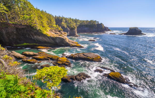 Много камней в воде у утеса