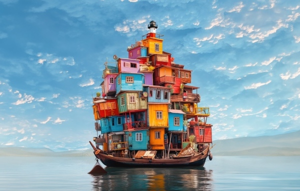 Маленькие разноцветные домики на лодке