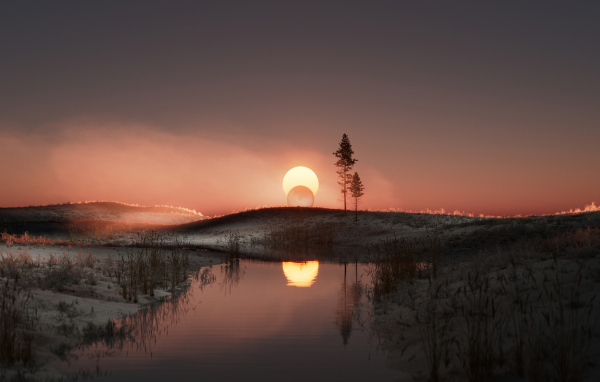 Закат солнца за холмом у реки