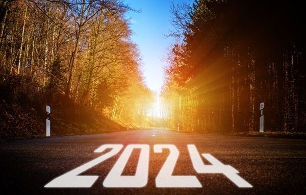 Белые цифры 2024 на дороге в лесу