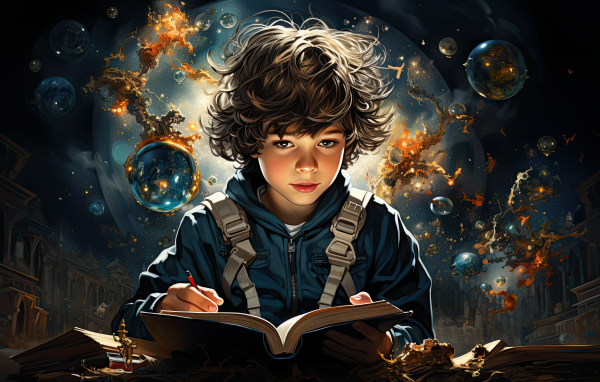 Маленький мальчик фантазер с книгой