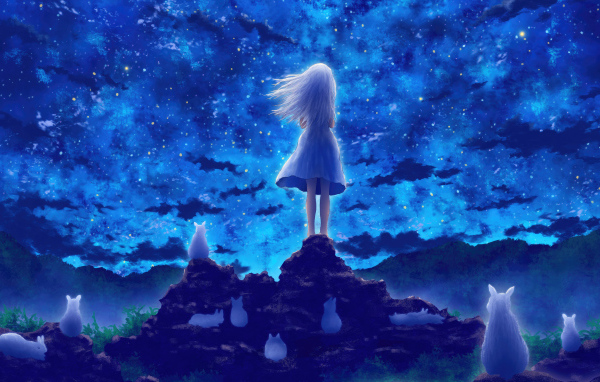 Маленькая девочка смотрит на небо, аниме