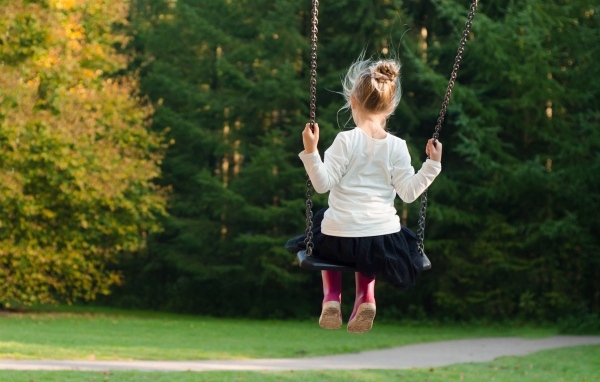 Маленькая девочка катается на качели