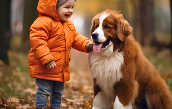 Маленькая девочка со щенком в парке осенью
