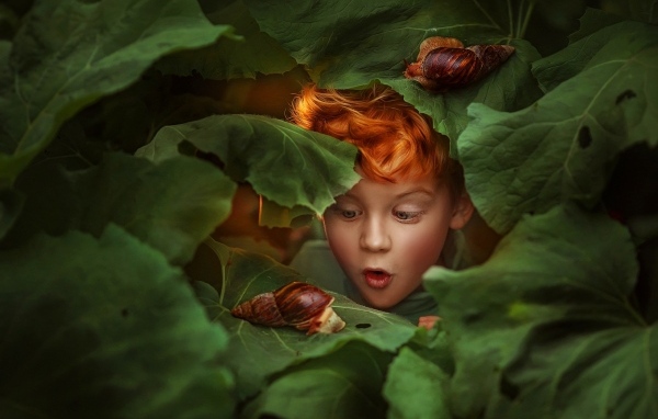 Удивленный рыжеволосый мальчик смотрит на улитку