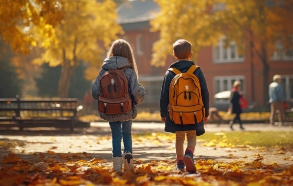 Двое детей школьников с рюкзаками на спине