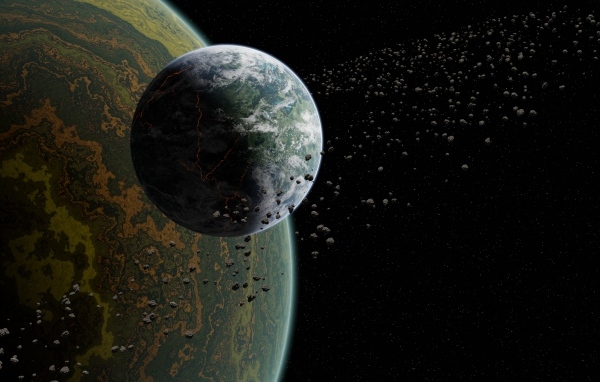 Две планеты солнечной системы с астероидами в космосе