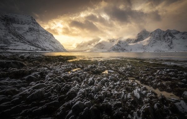Заледеневший берег залива в горах, Лофотенские острова Норвегия