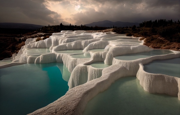 Красивый курорт Памуккале под грозовым небом Турция