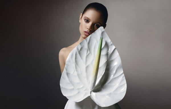 Милая девушка актриса Дженна Ортега с белым цветком