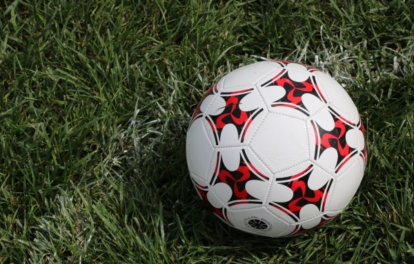 Кожаный футбольный мяч на зеленой траве