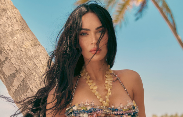 Длинноволосая брюнетка Меган Фокс на пляже