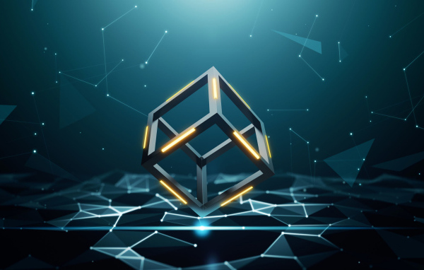 Абстрактный летающий куб на сером фоне