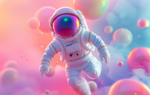 Астронавт в розовых пузырях 3д графика