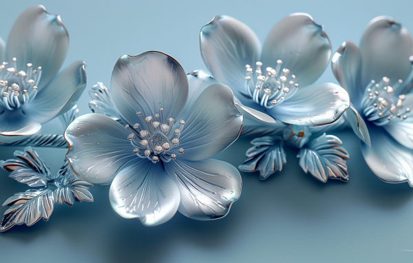 Красивые серебряные 3д цветы на голубом фоне