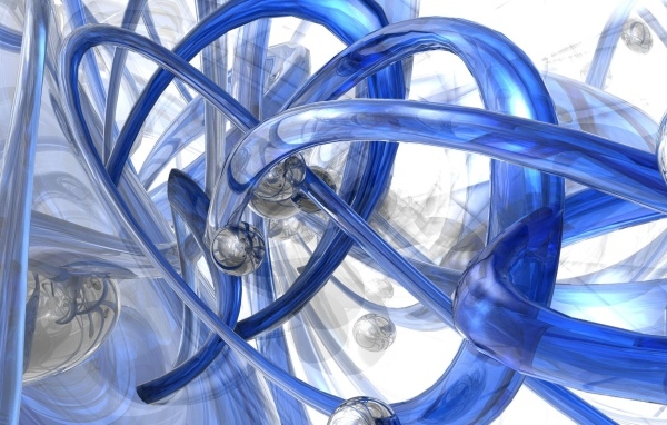 Синие спиральные трубы с металлическими шарами 3д графика