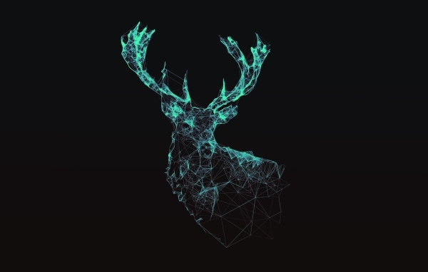 Олень 3д из неоновых линий на черном фоне