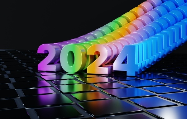 Разноцветные цифры 2024 на черном фоне с квадратами